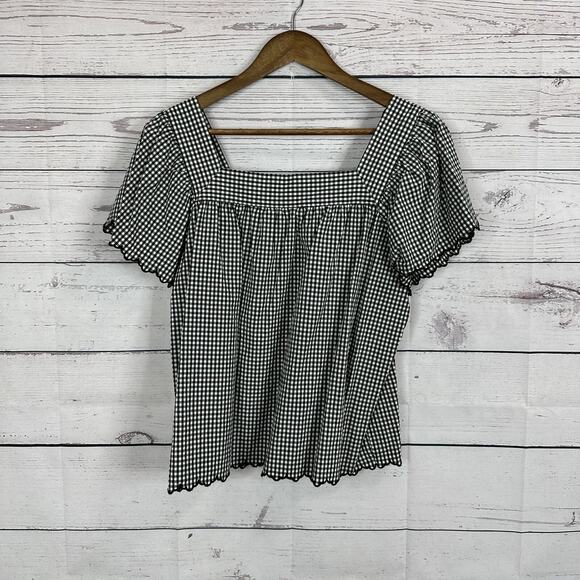 Rails Top Womens Large Black Gingham Scallop Square Neck Shirt Plaid - Picture 2 of 16